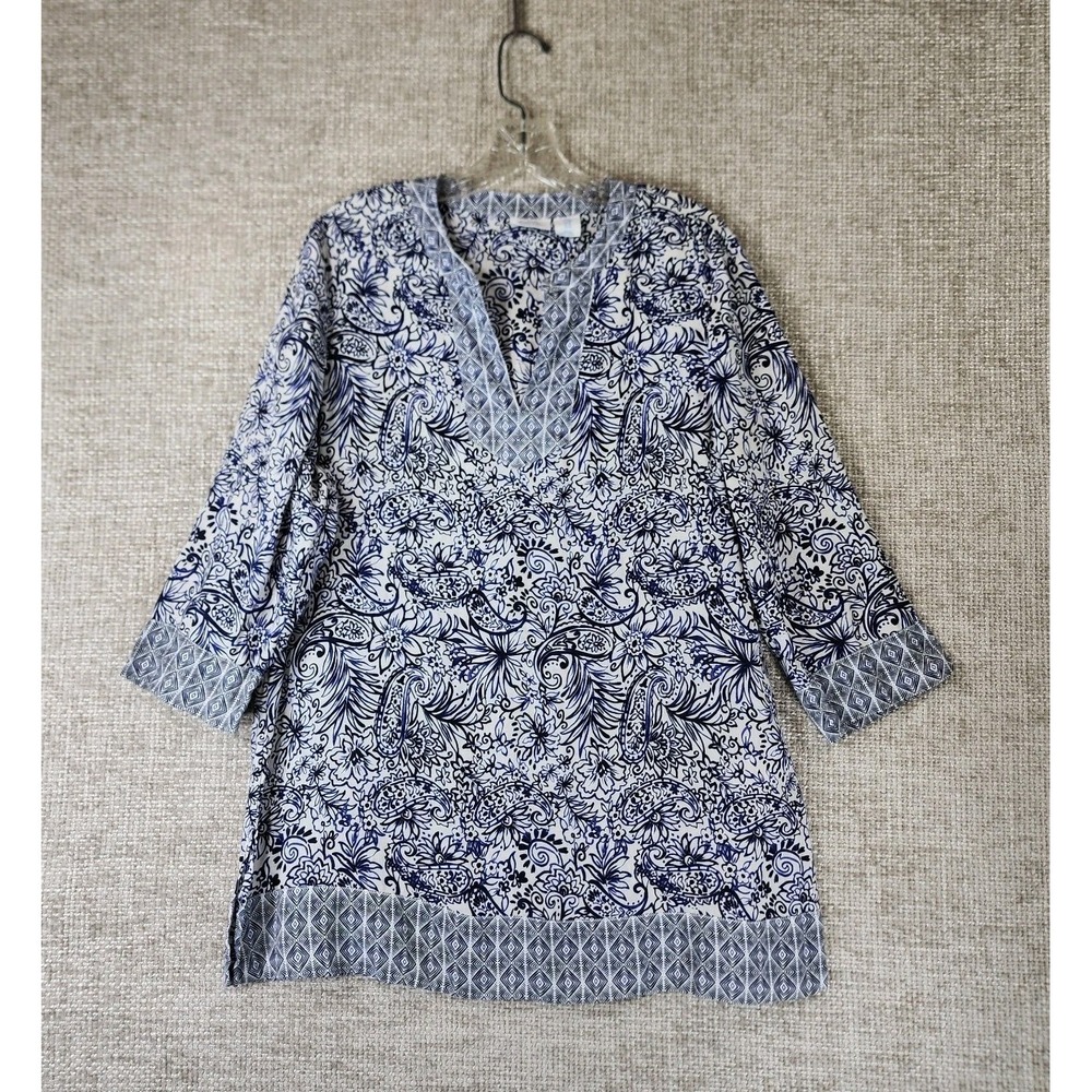 Sigrid Olsen Linen Tunic Top Womens Medium Blue Floral Paisley 3/4 Sleeve V-Neck
